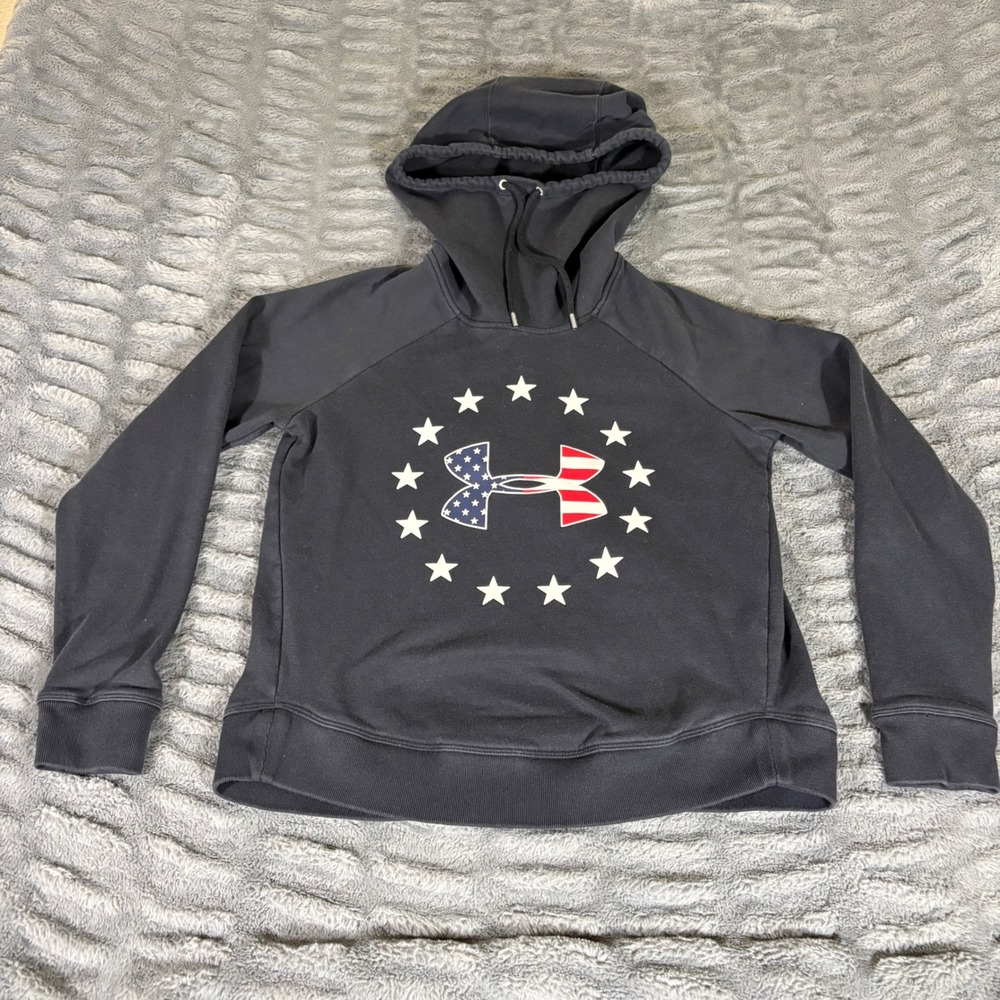 Under Armour Womens XS Black Patriotic USA Flag Logo Stars Pullover Hoodie AR285